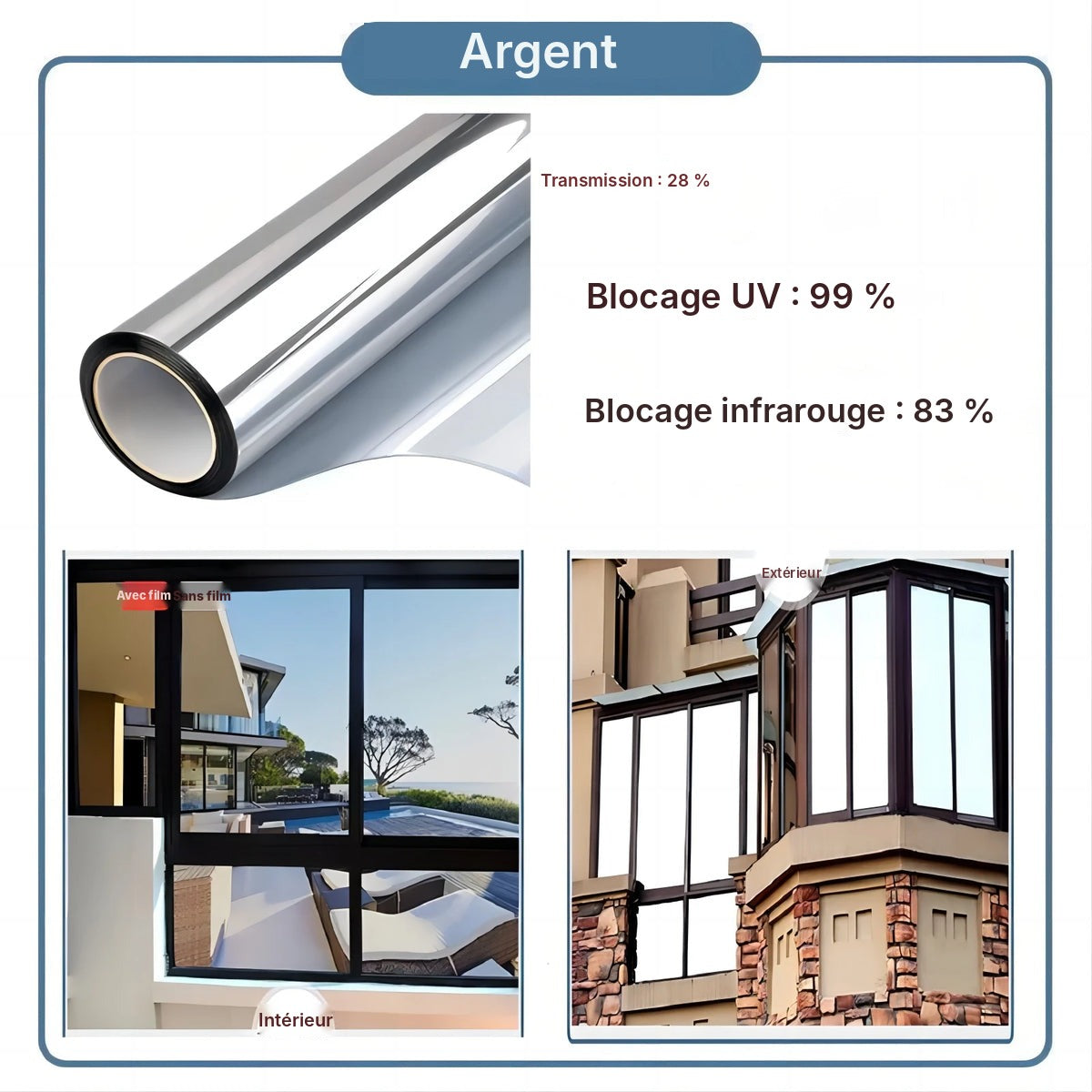 Film miroir sans tain anti-UV 99 %, argent