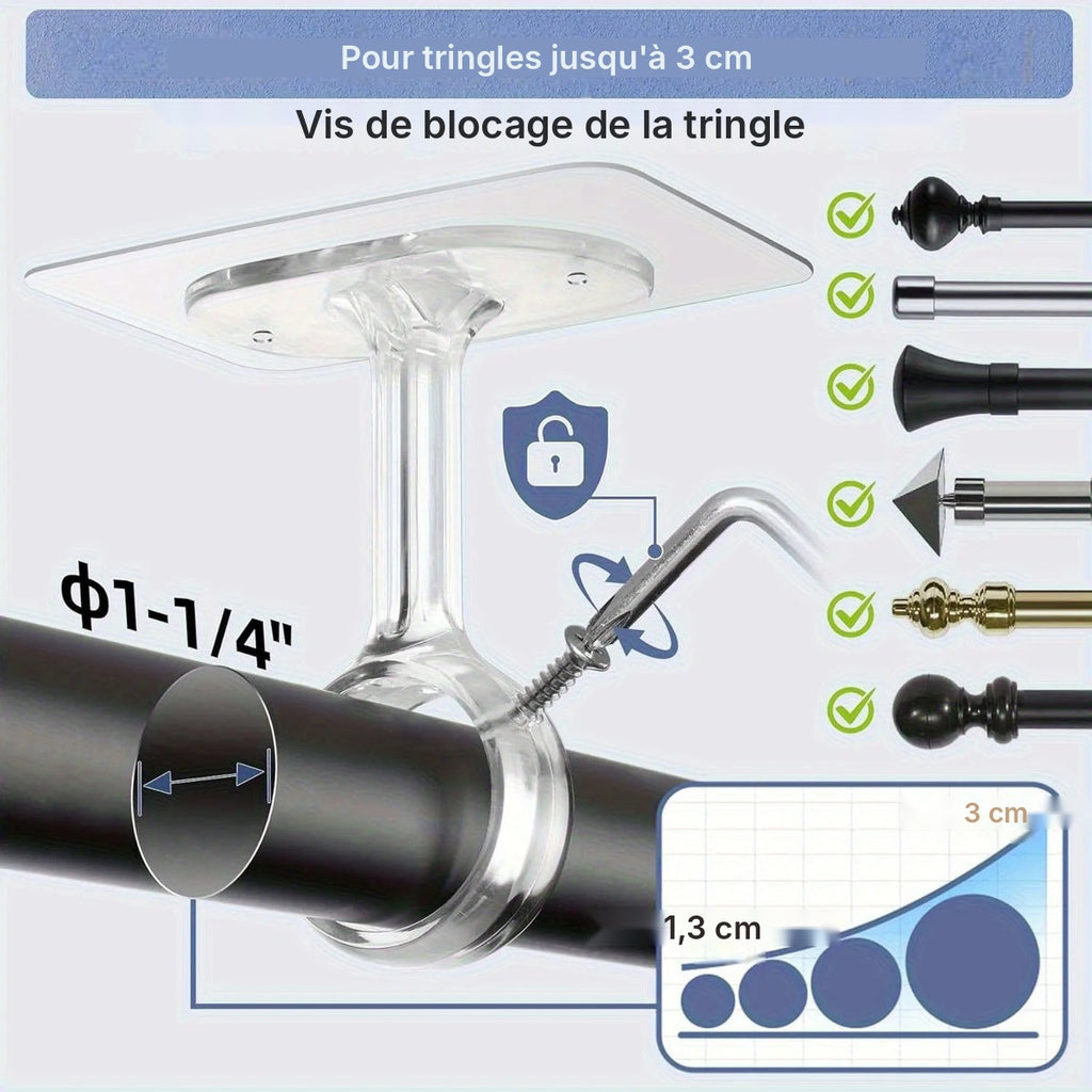 Support de tringle au plafond adhésif, lot de 2 à 8