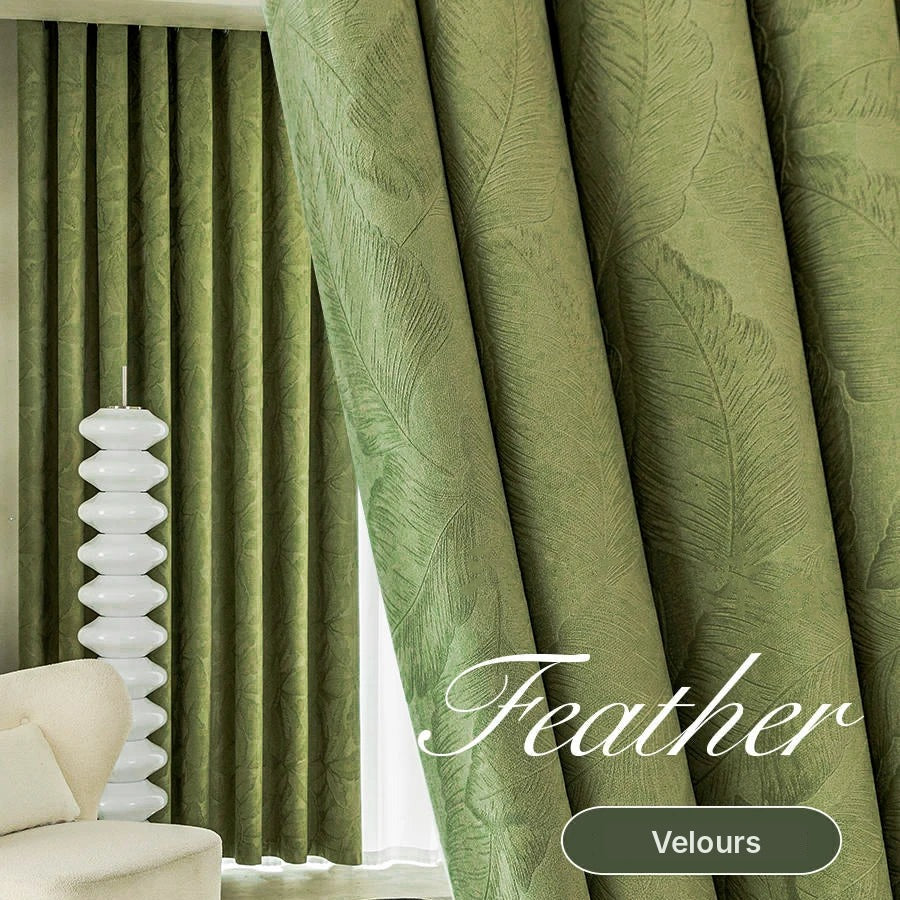 Rideau velours vert olive à motif feuilles