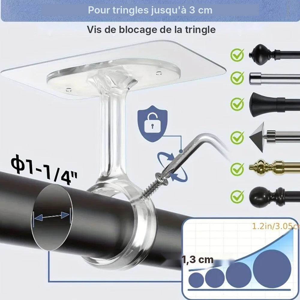 Support de tringle plafond ou mur, adhésif, 2 ou 4