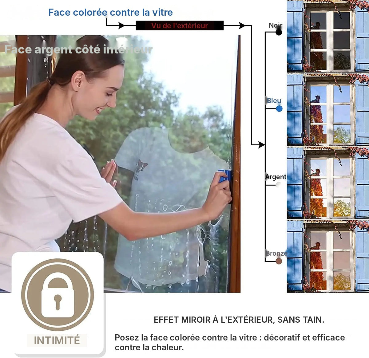 Film miroir électrostatique sans colle, 4 coloris