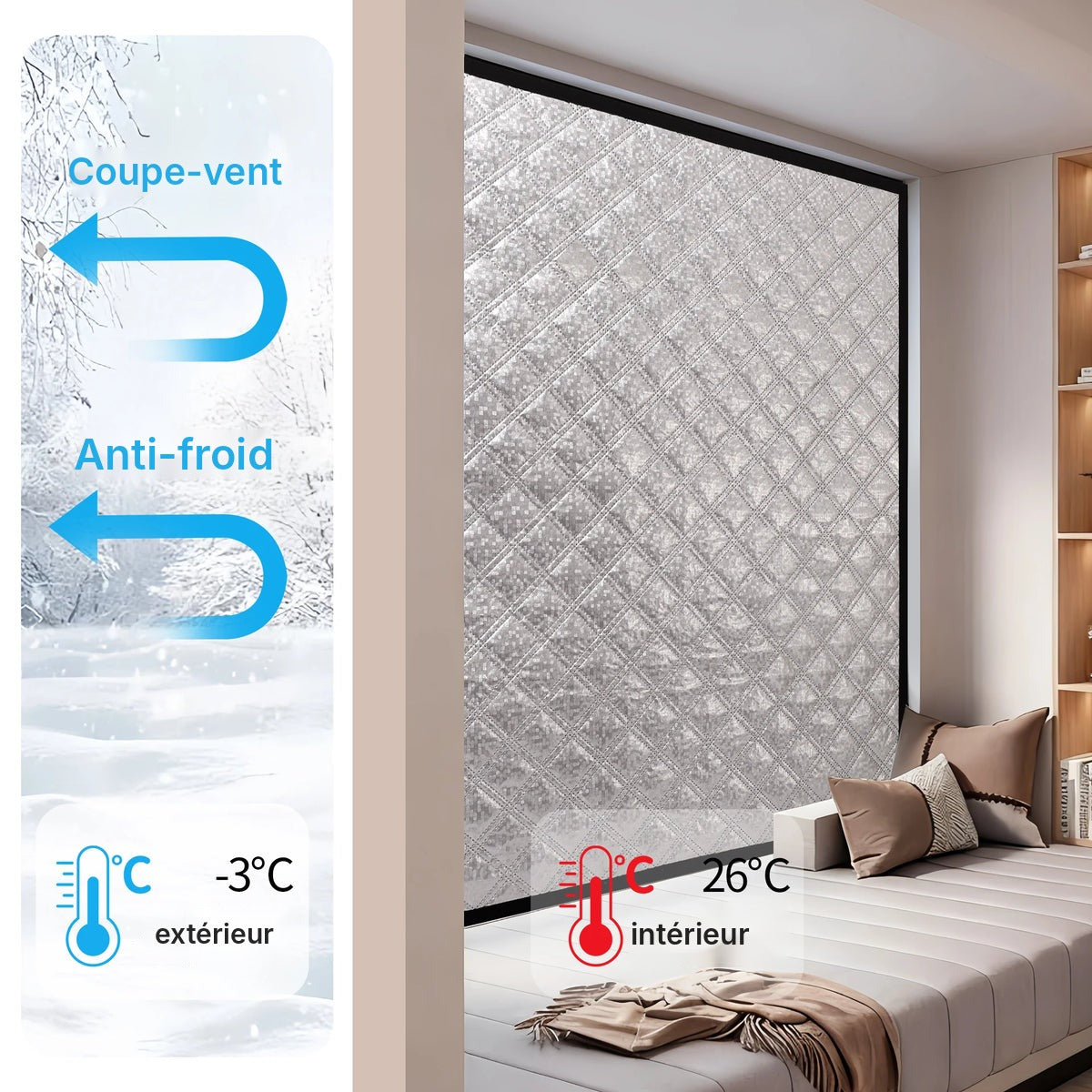 Rideau isolant matelassé argenté, sur mesure