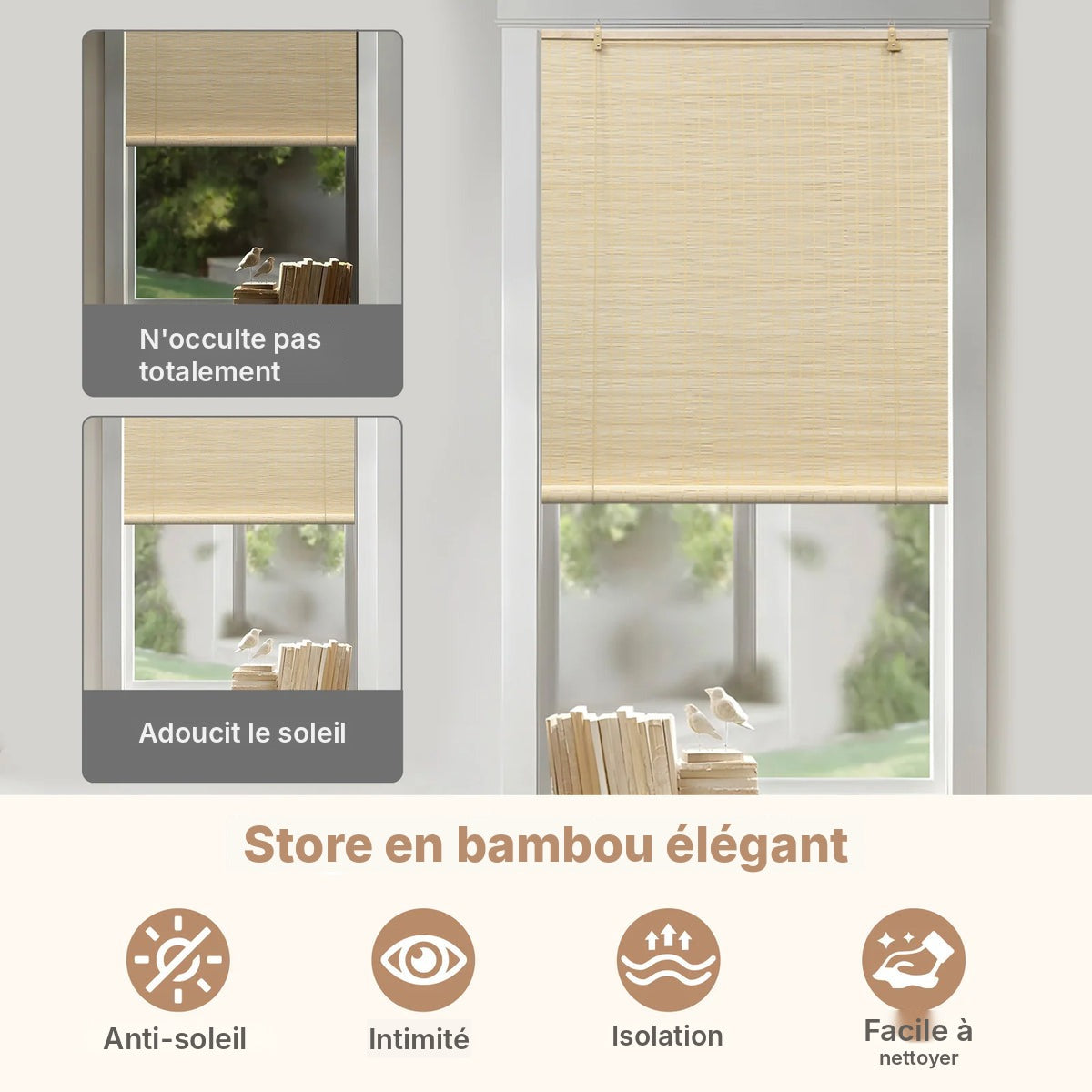 Store enrouleur en bambou naturel, 3 teintes