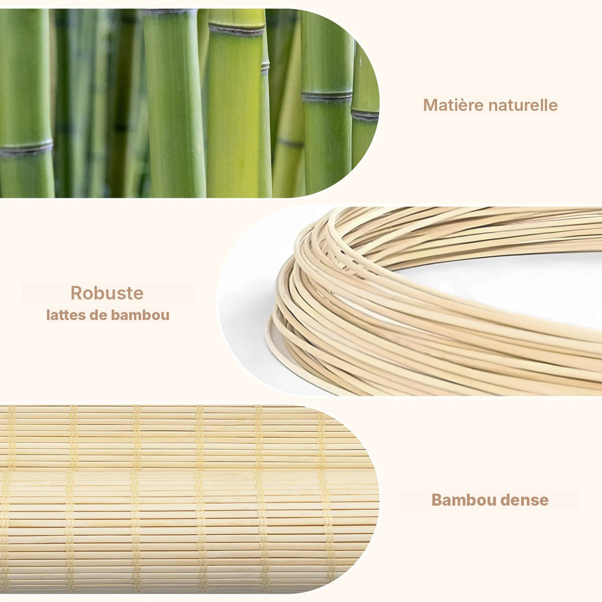Store enrouleur en bambou naturel, 3 teintes