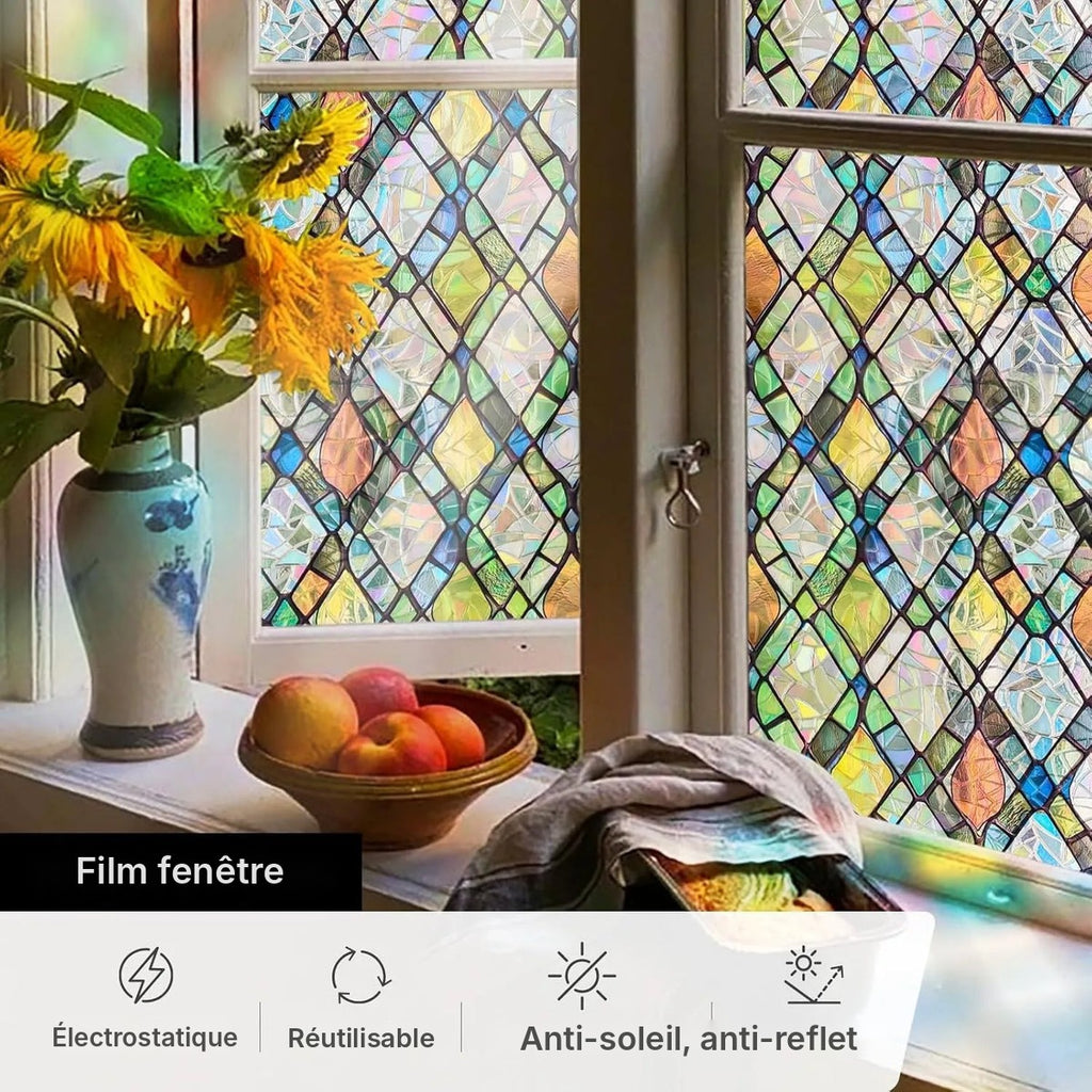 Film vitrail losanges colorés, anti-UV 98 %
