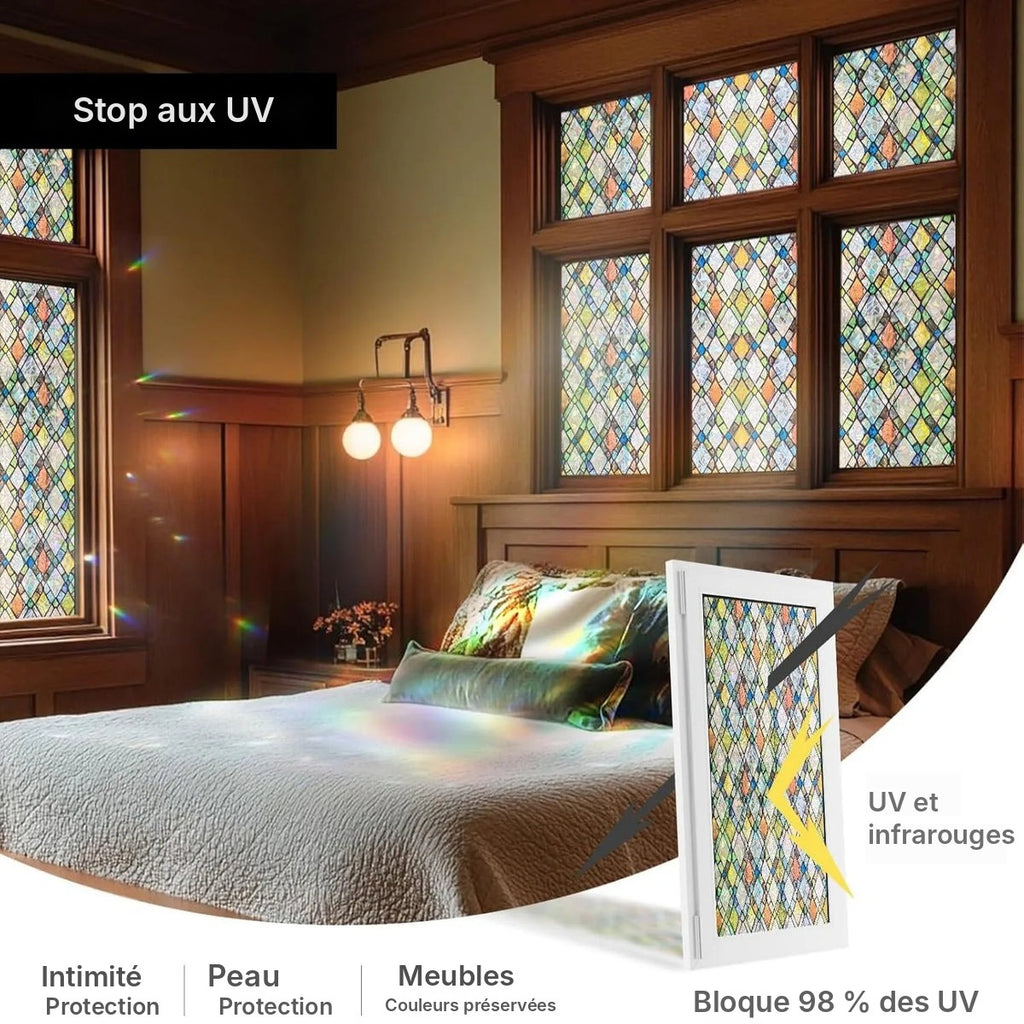 Film vitrail losanges colorés, anti-UV 98 %
