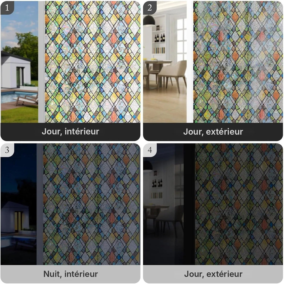 Film vitrail losanges colorés, anti-UV 98 %