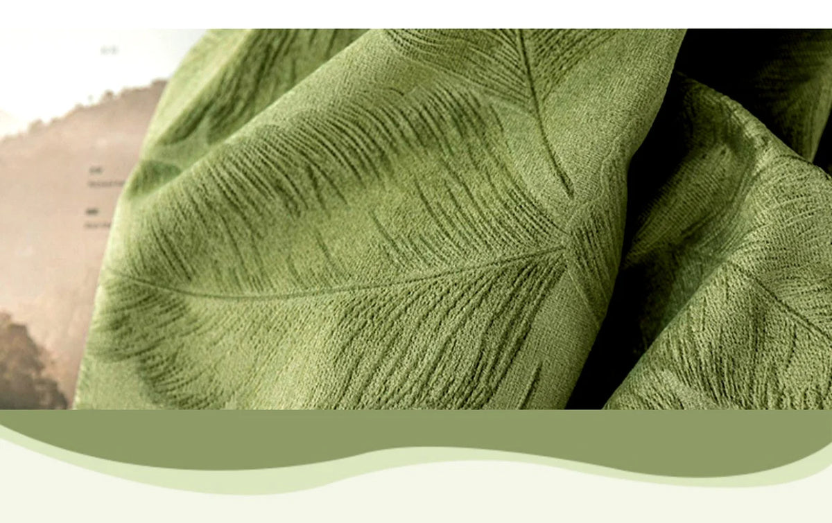 Rideau velours vert olive à motif feuilles