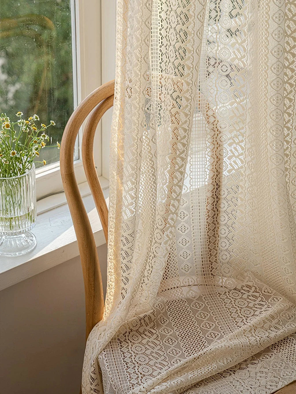 Voilage bohème beige à motifs géométriques