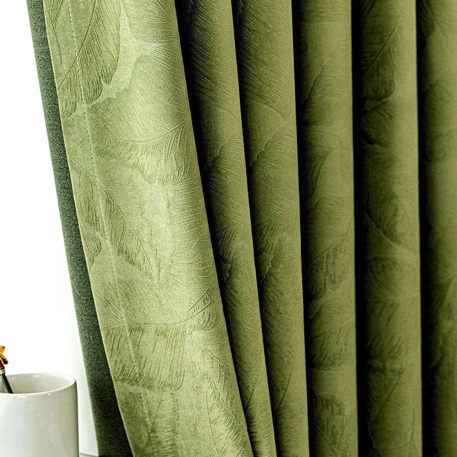 Rideau velours vert olive à motif feuilles