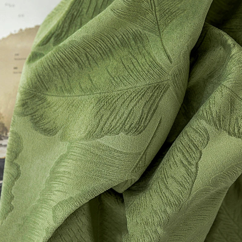 Rideau velours vert olive à motif feuilles