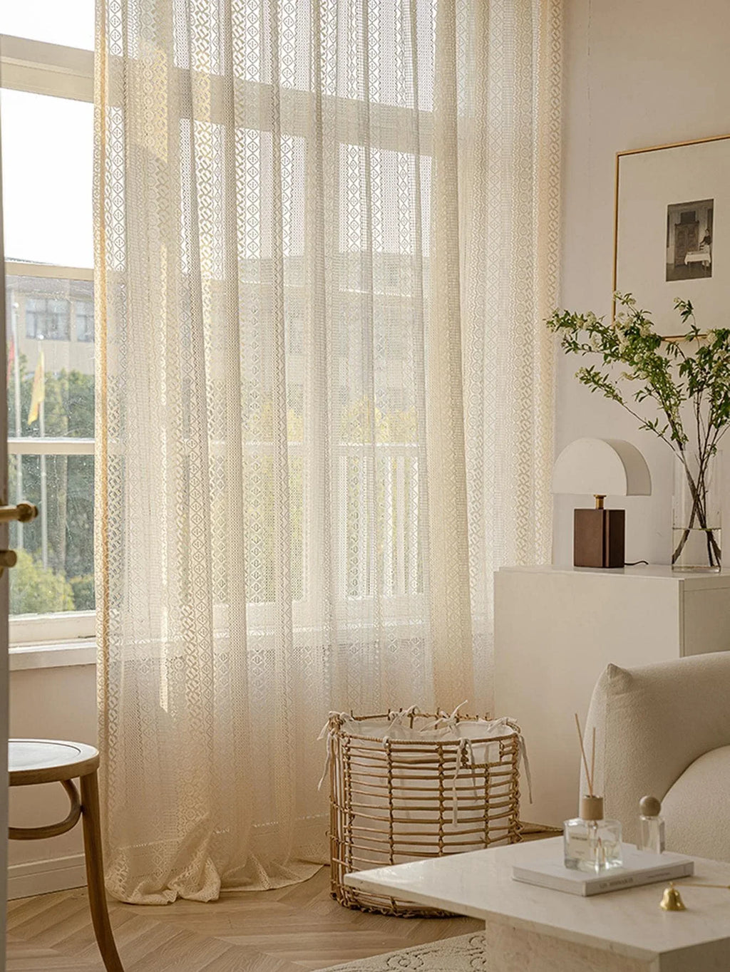 Voilage bohème beige à motifs géométriques
