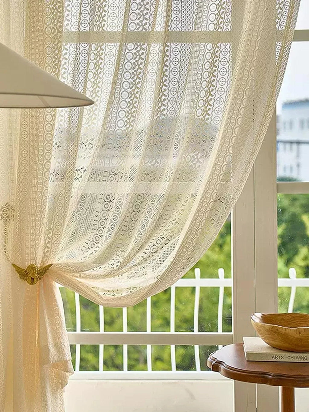 Voilage bohème beige à motifs géométriques