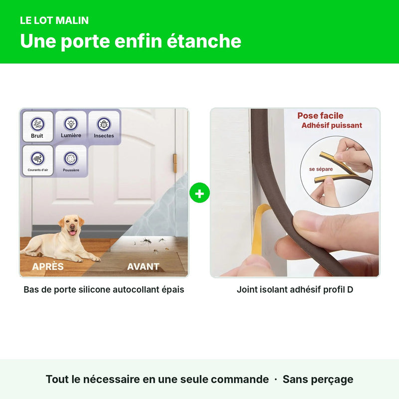 Lot porte étanche : bas de porte silicone + joint de cadre