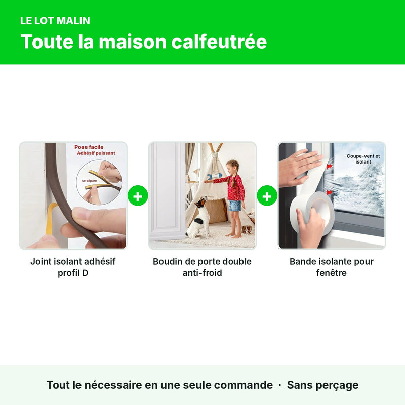 Lot anti-courants d'air : joint de fenêtre + boudin de porte + bande isolante