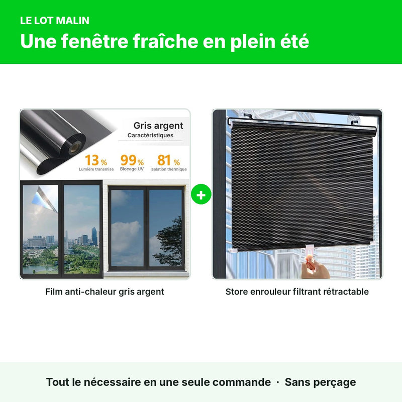 Lot fenêtre fraîche : film anti-chaleur + store filtrant à ventouses