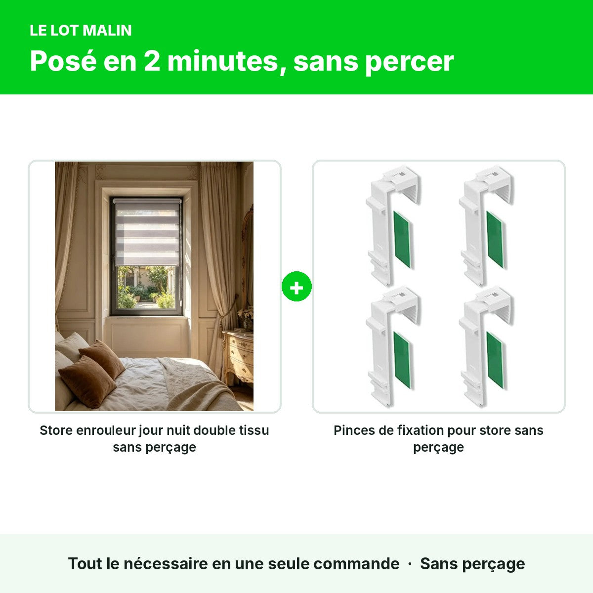 Lot store enrouleur jour nuit + pinces de fixation