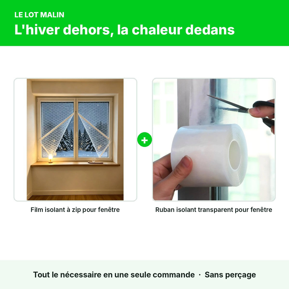 Lot hiver : film isolant à zip + ruban isolant transparent