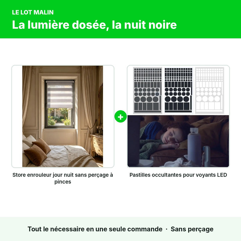 Lot jour nuit : store enrouleur à pinces + pastilles anti-LED