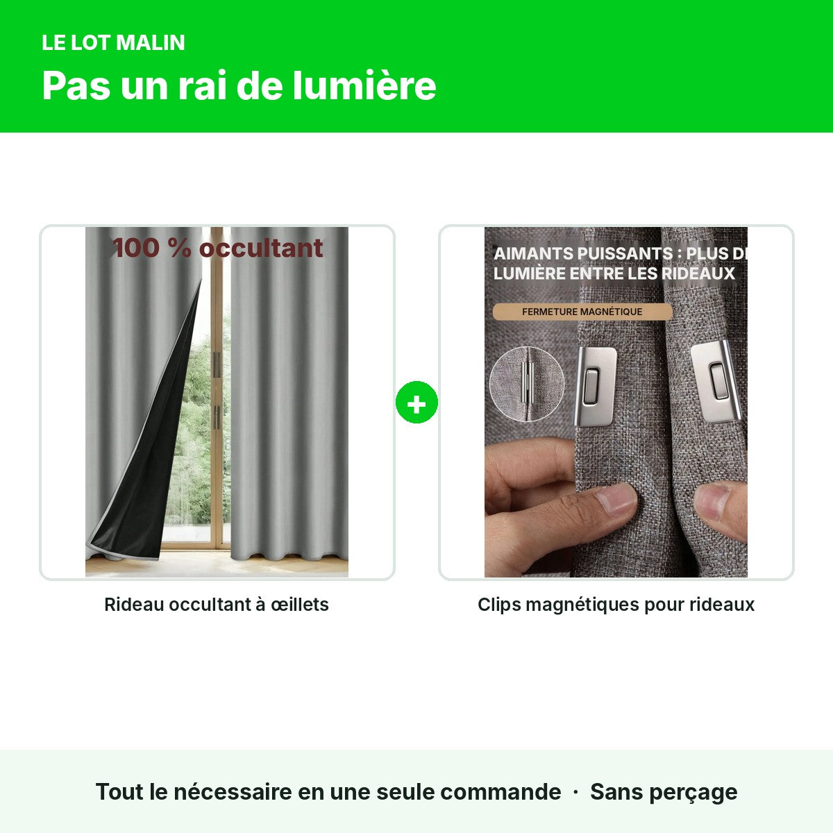 Lot noir total : rideau occultant à œillets + clips magnétiques