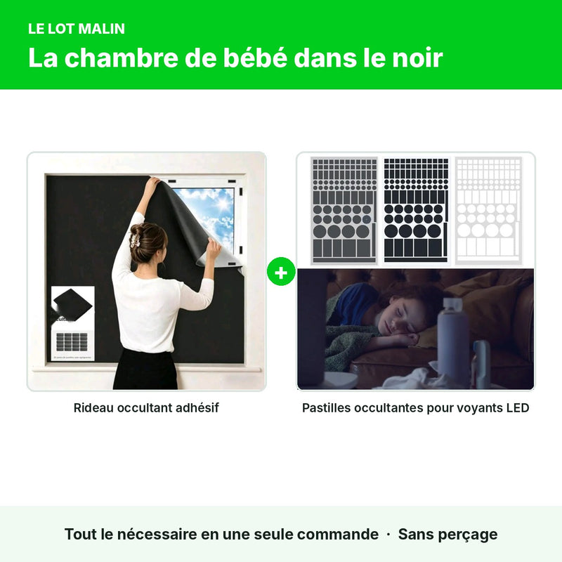 Lot chambre de bébé : rideau occultant adhésif + pastilles anti-LED
