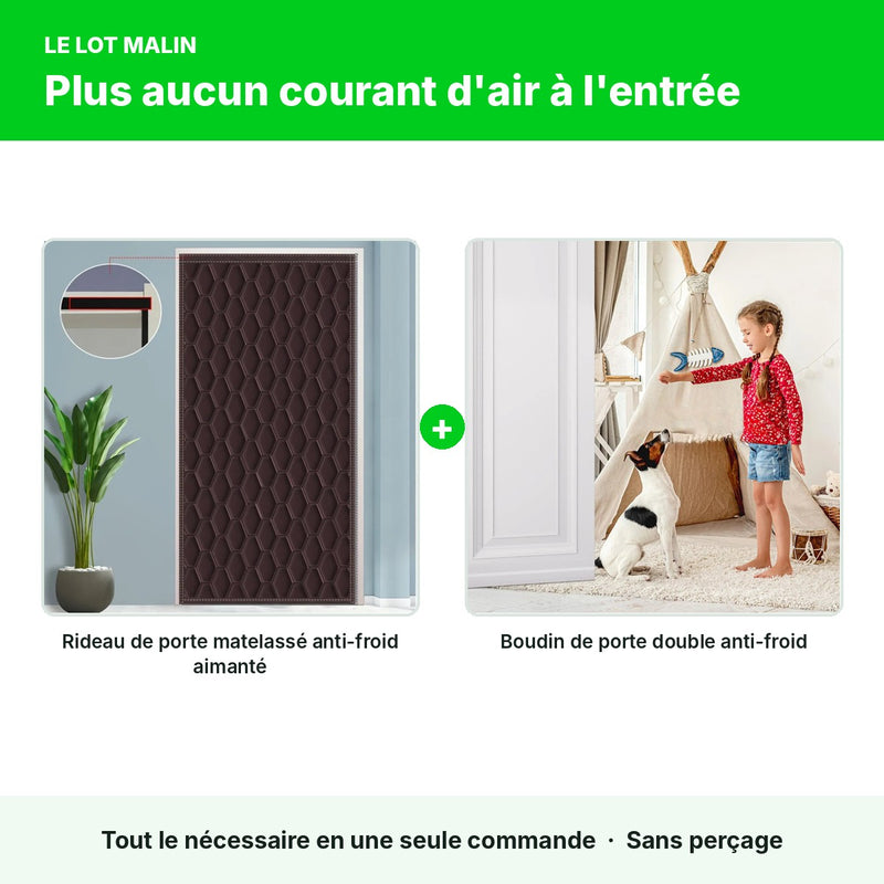 Lot porte d'entrée anti-froid : rideau matelassé aimanté + boudin double