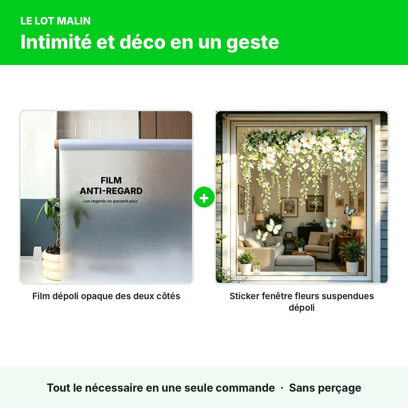 Lot intimité déco : film dépoli opaque + sticker fleurs suspendues