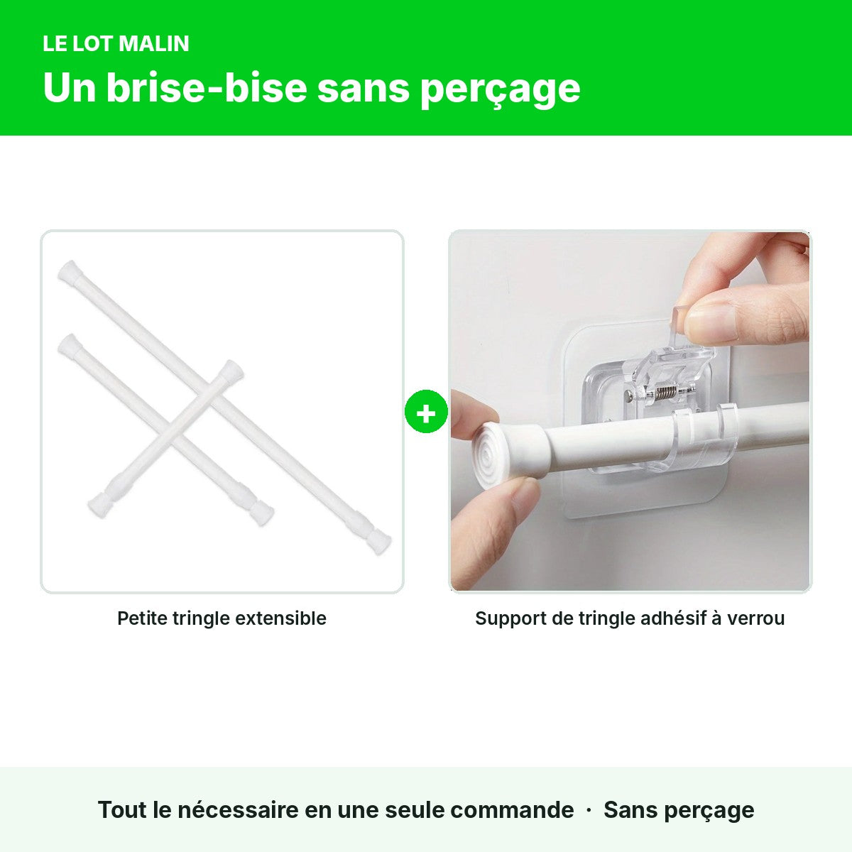 Lot brise-bise sans perçage : petite tringle + supports à verrou