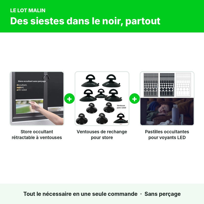 Lot sieste parfaite : store à ventouses + ventouses de rechange + pastilles anti-LED