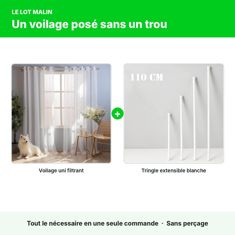 Lot voilage filtrant + tringle extensible sans perçage