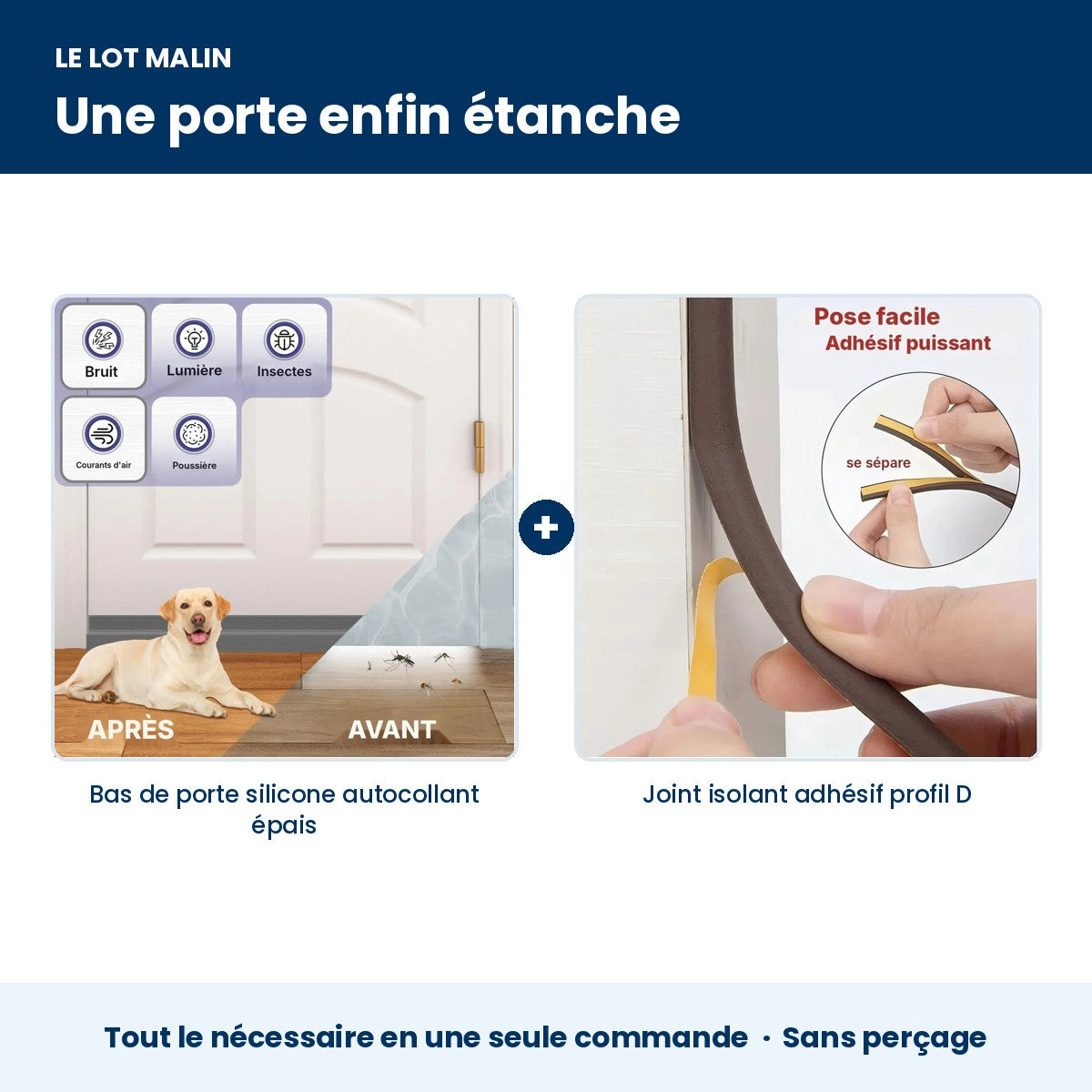 Lot porte étanche : bas de porte silicone + joint de cadre