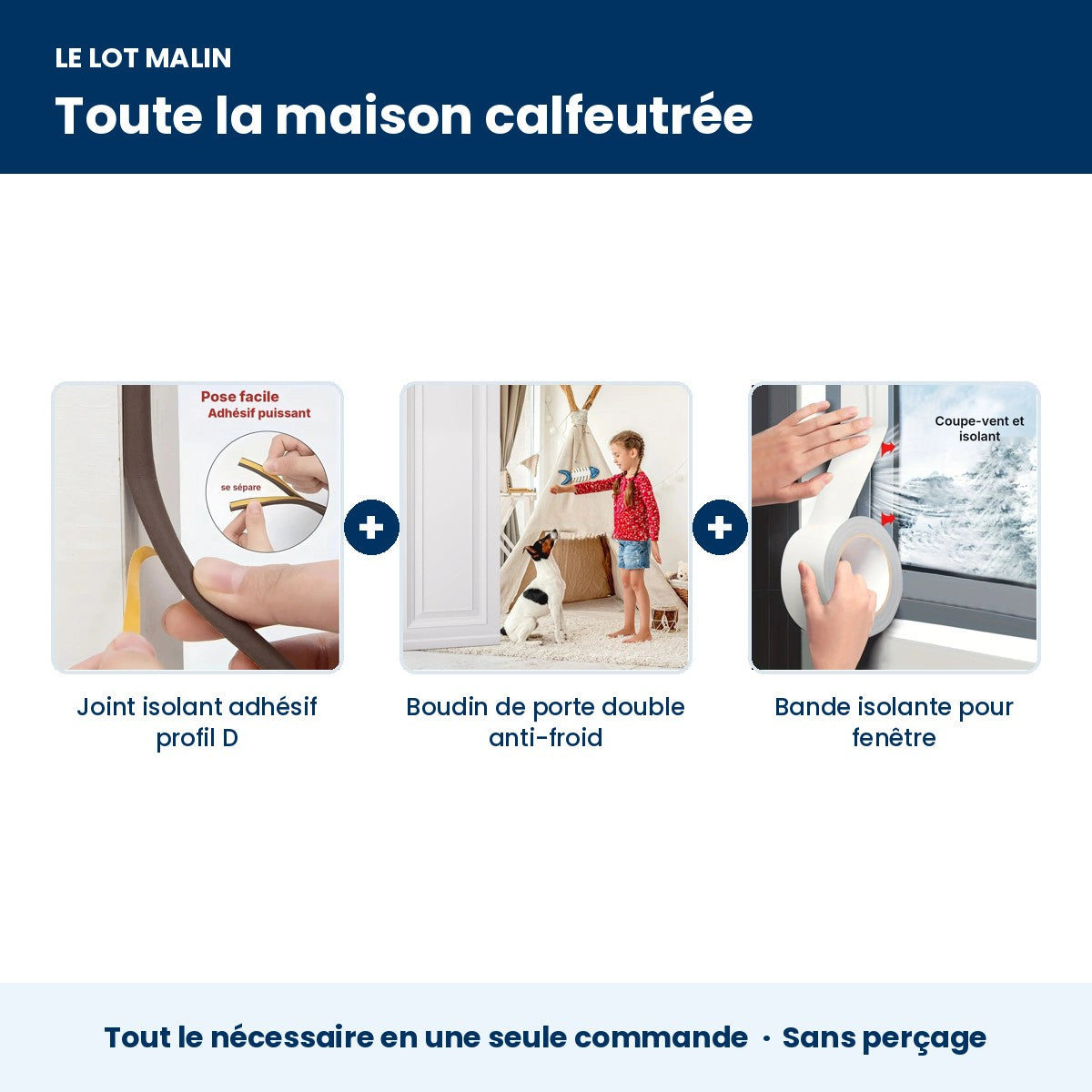 Lot anti-courants d'air : joint de fenêtre + boudin de porte + bande isolante