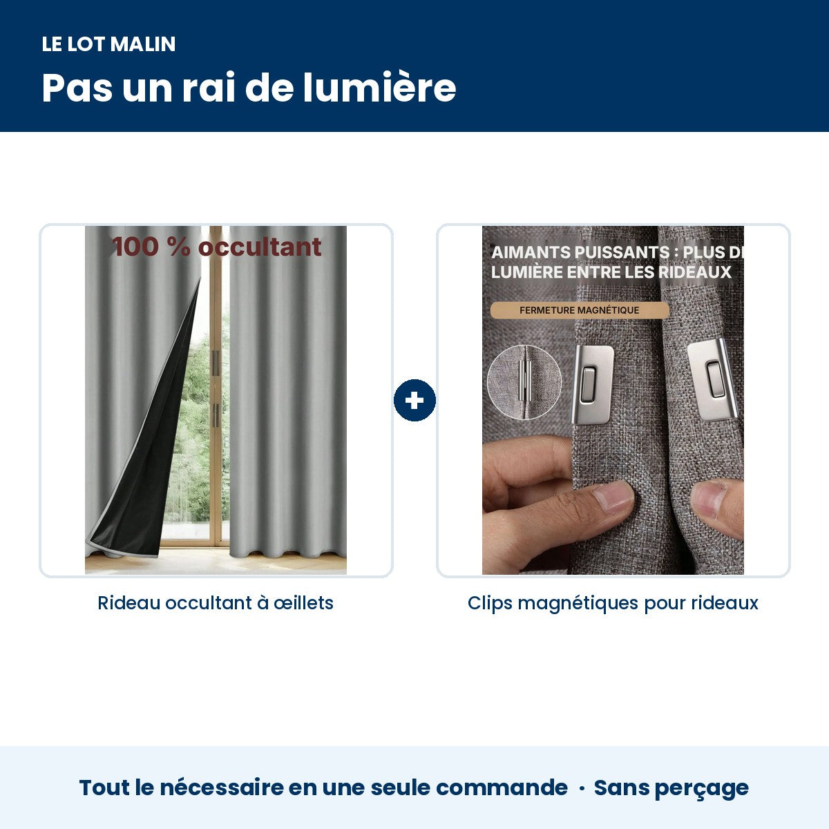 Lot noir total : rideau occultant à œillets + clips magnétiques