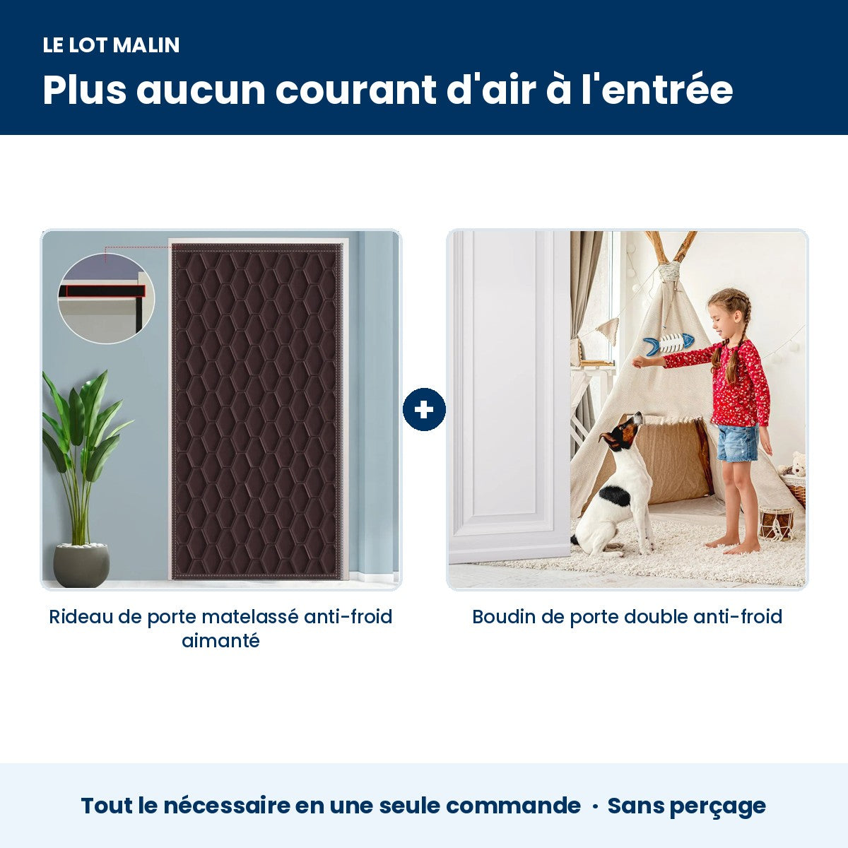 Lot porte d'entrée anti-froid : rideau matelassé aimanté + boudin double