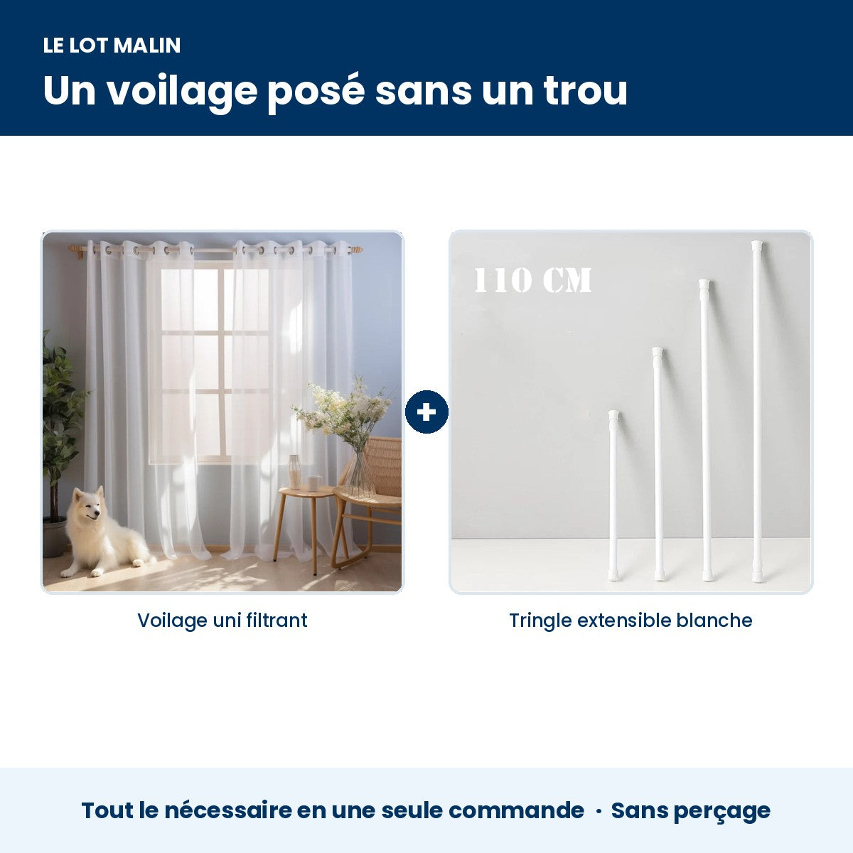 Lot voilage filtrant + tringle extensible sans perçage